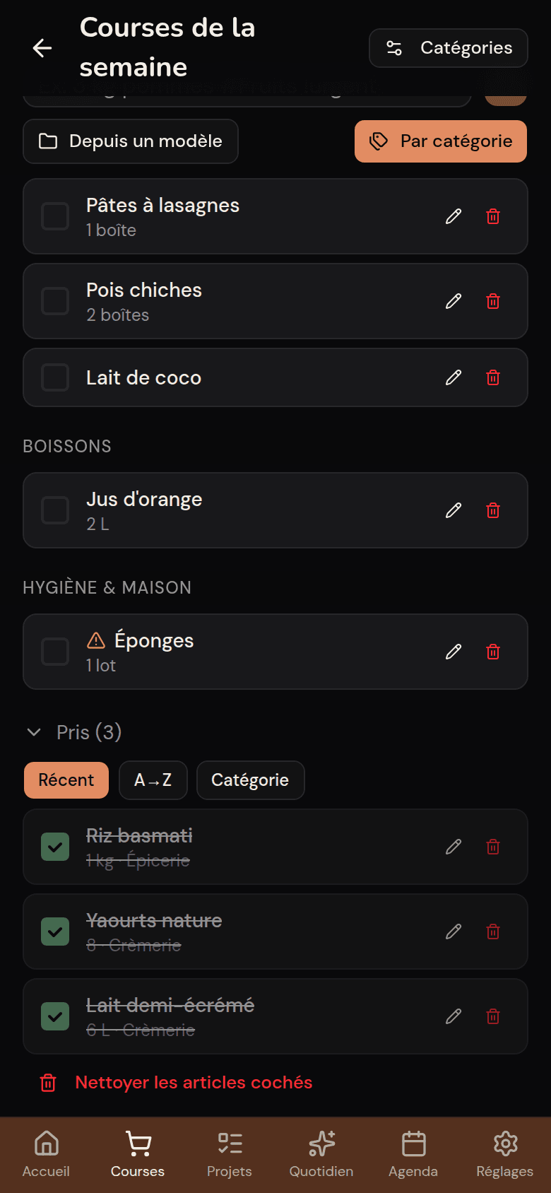 Liste de courses Kotidy avec la section « Pris » et les articles déjà cochés