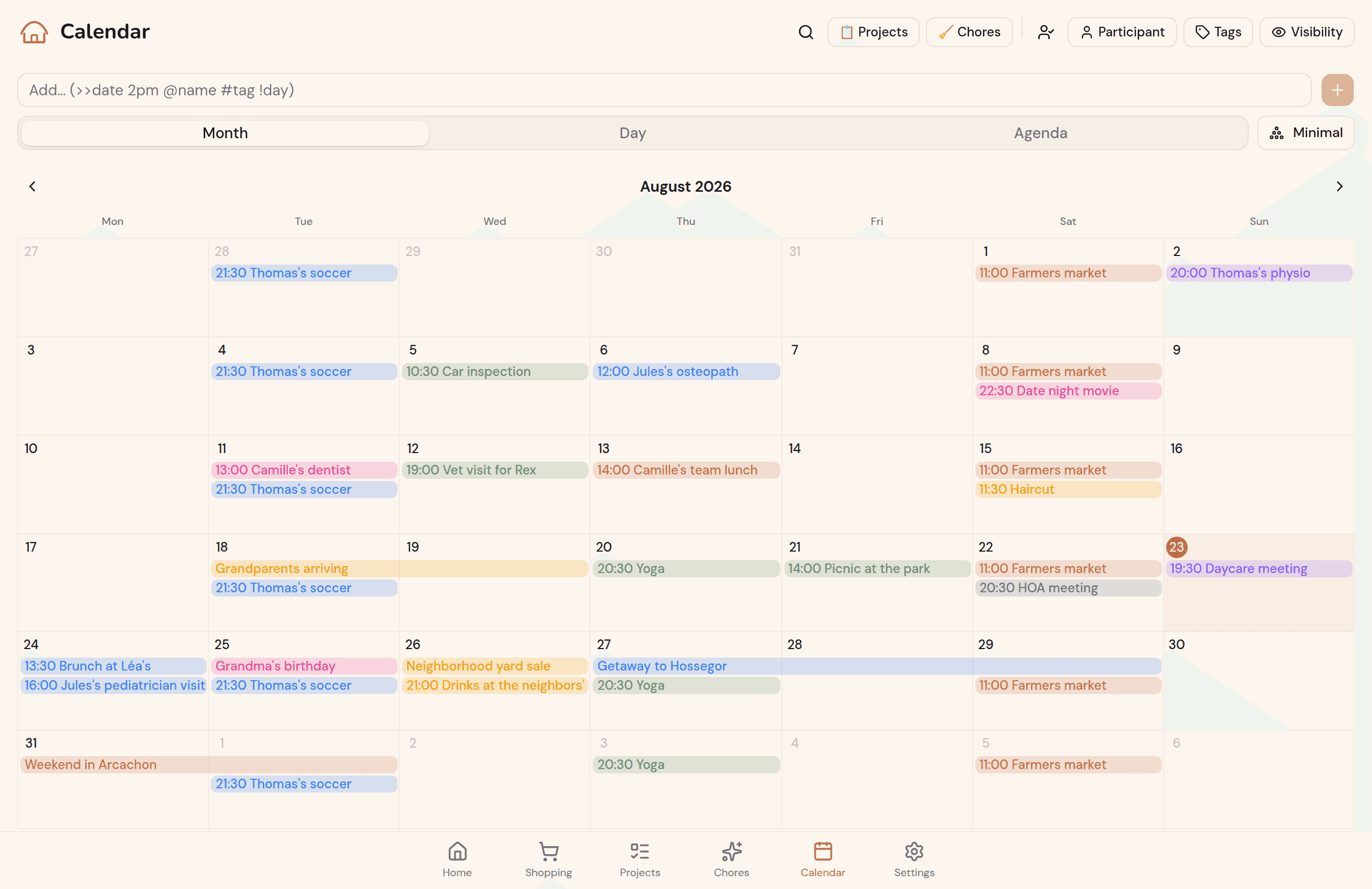 Kotidy calendar on a large screen, month view with the household's events