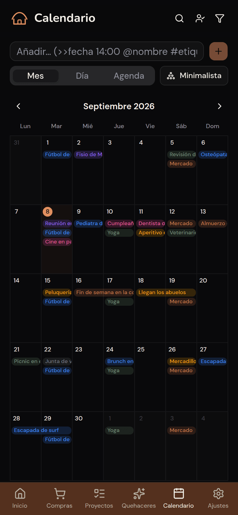 Calendario familiar compartido de Kotidy, vista mes