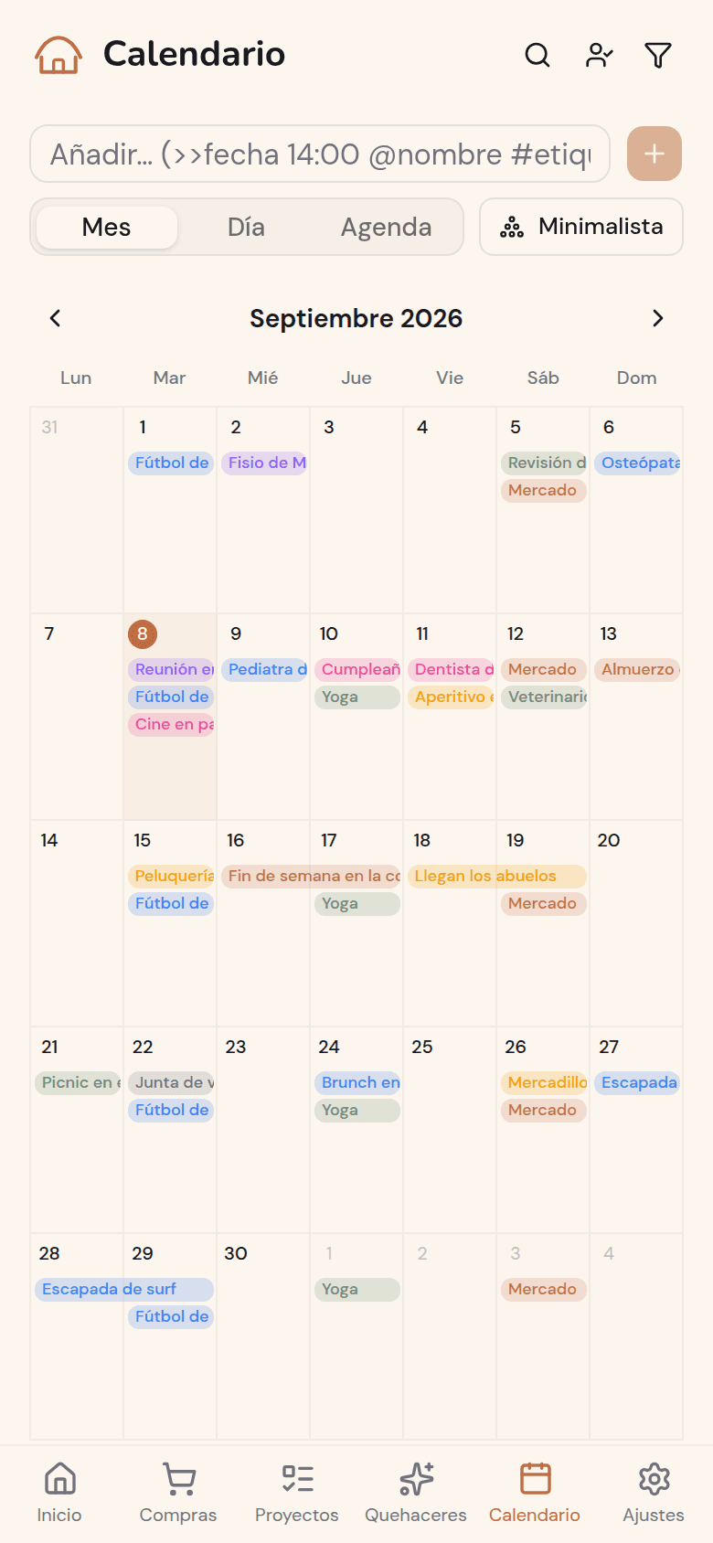 Calendario familiar compartido de Kotidy, vista mes