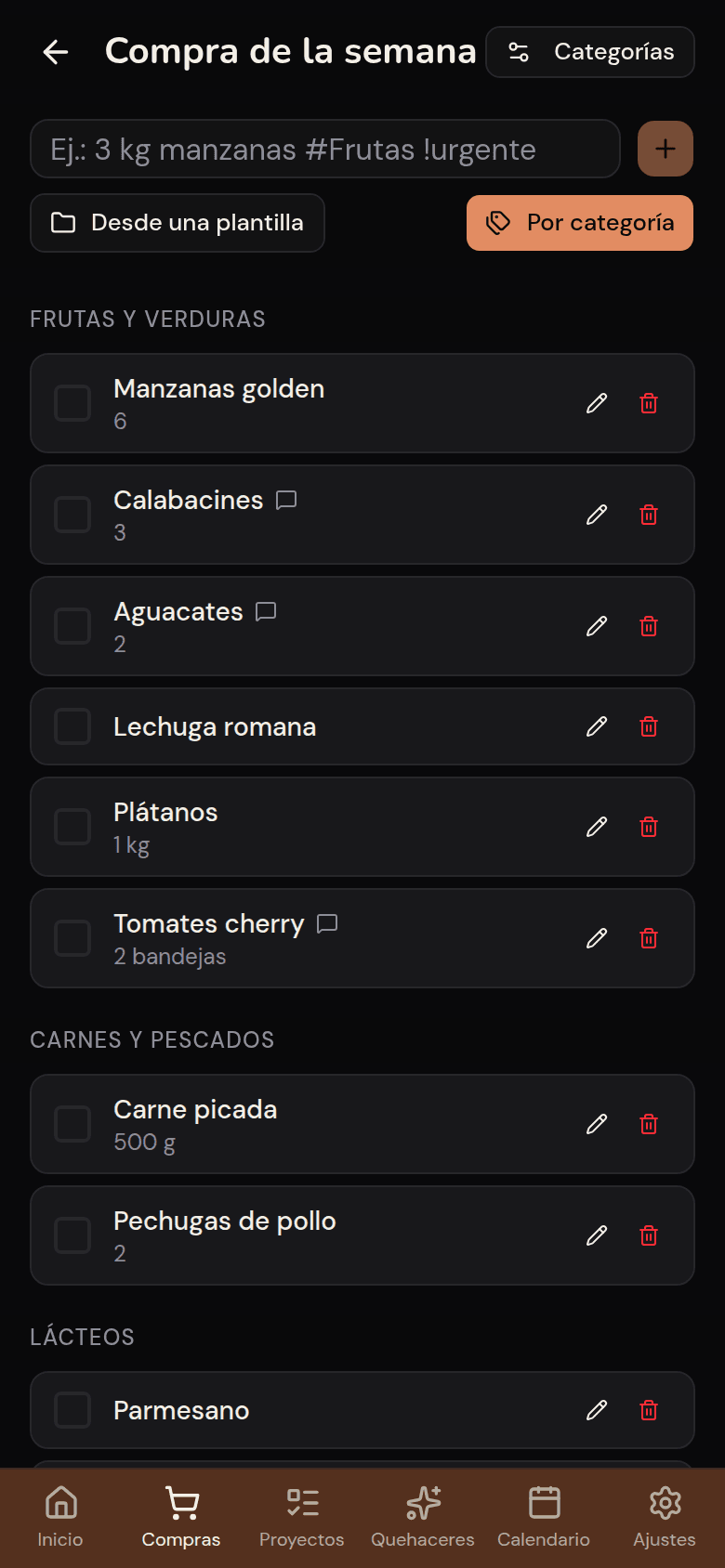 Lista de la compra compartida de Kotidy, agrupada por pasillo