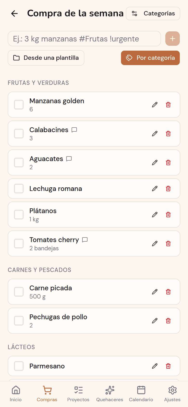 Lista de la compra compartida de Kotidy, agrupada por pasillo