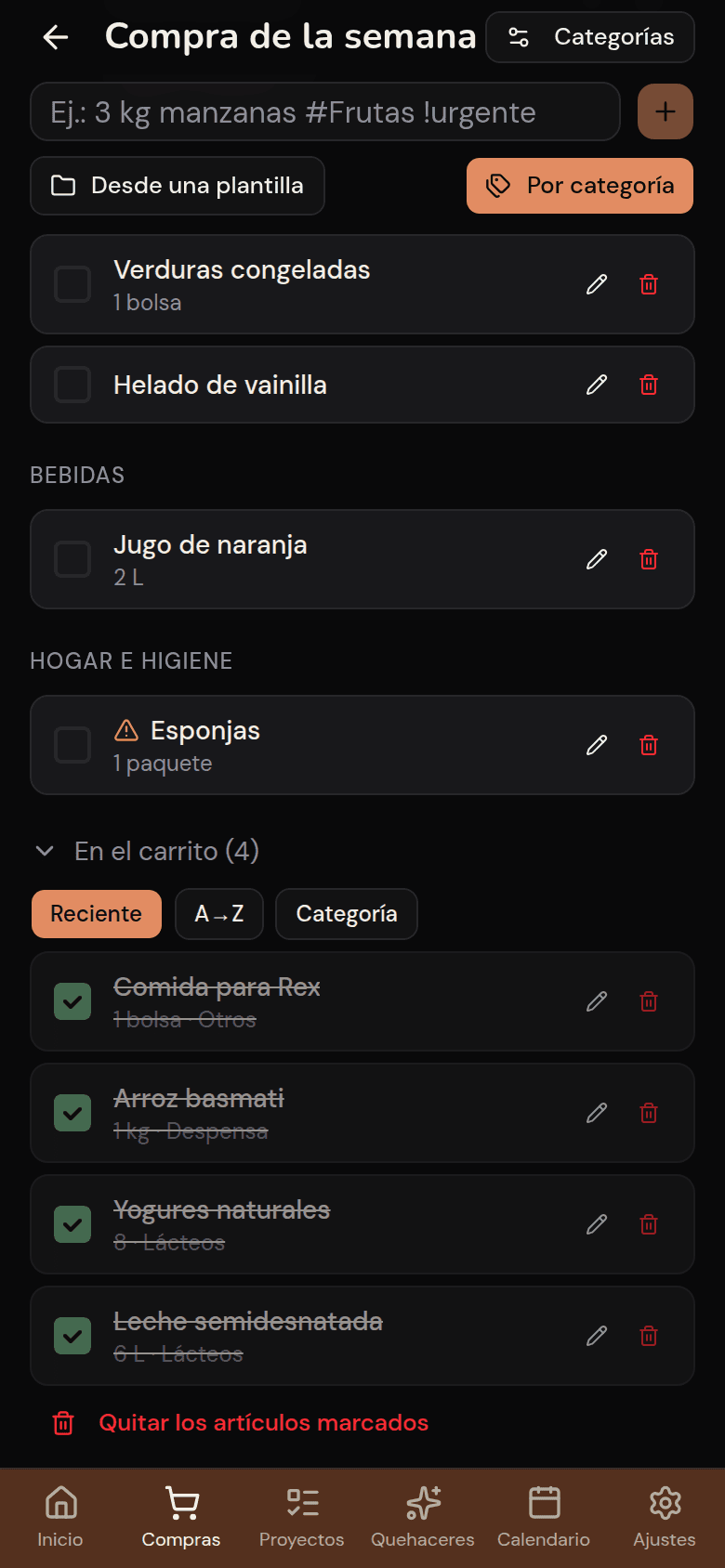 Lista de la compra de Kotidy con la sección «En el carrito» y los artículos ya marcados