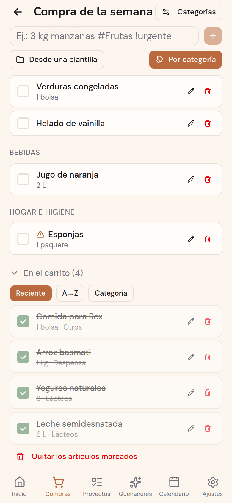 Lista de la compra de Kotidy con la sección «En el carrito» y los artículos ya marcados