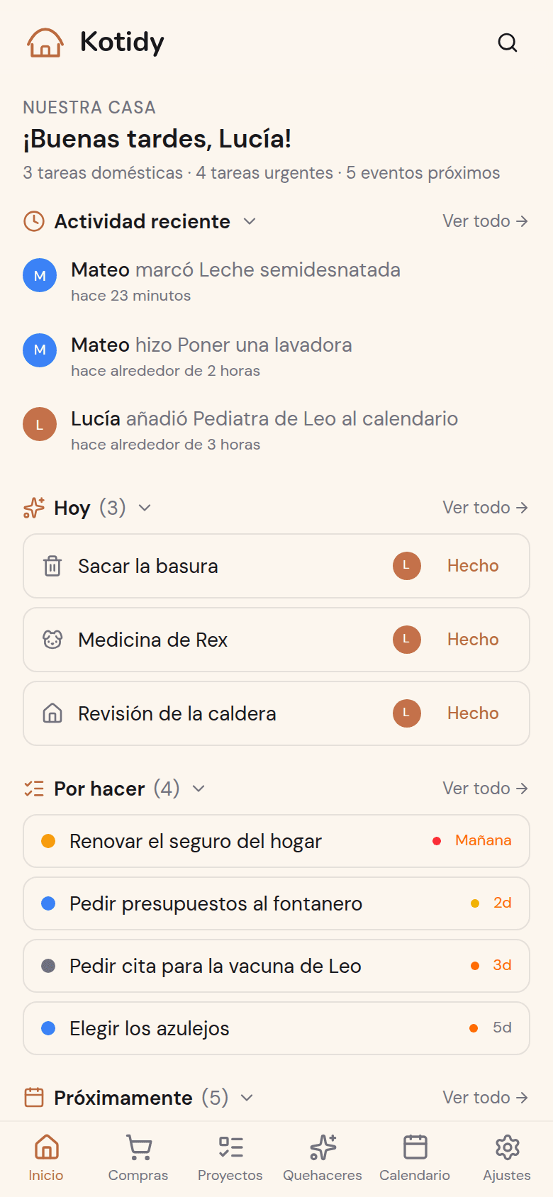 Inicio de Kotidy: el día del hogar de un vistazo