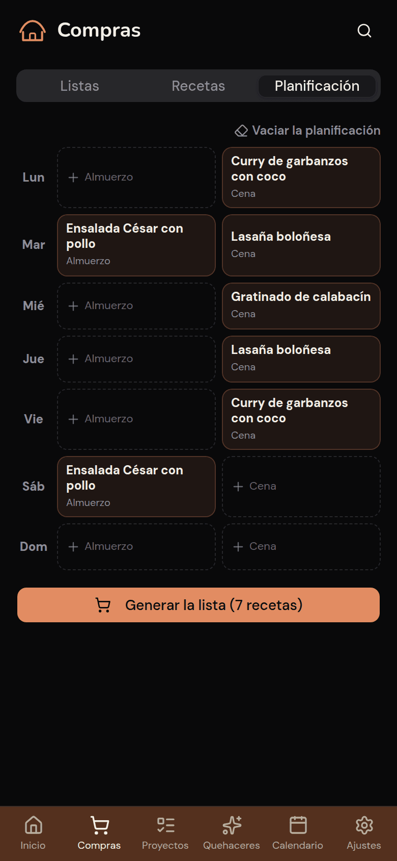 Planificación de las comidas de la semana en Kotidy