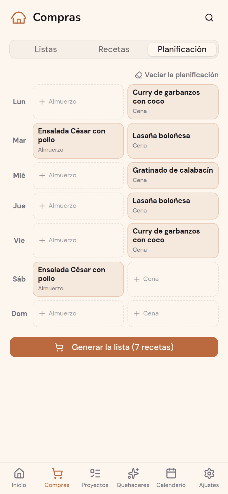 Planificación de las comidas de la semana en Kotidy