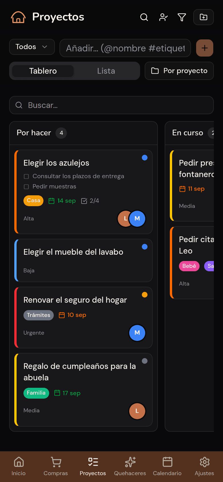 Tablero kanban de los proyectos del hogar en Kotidy