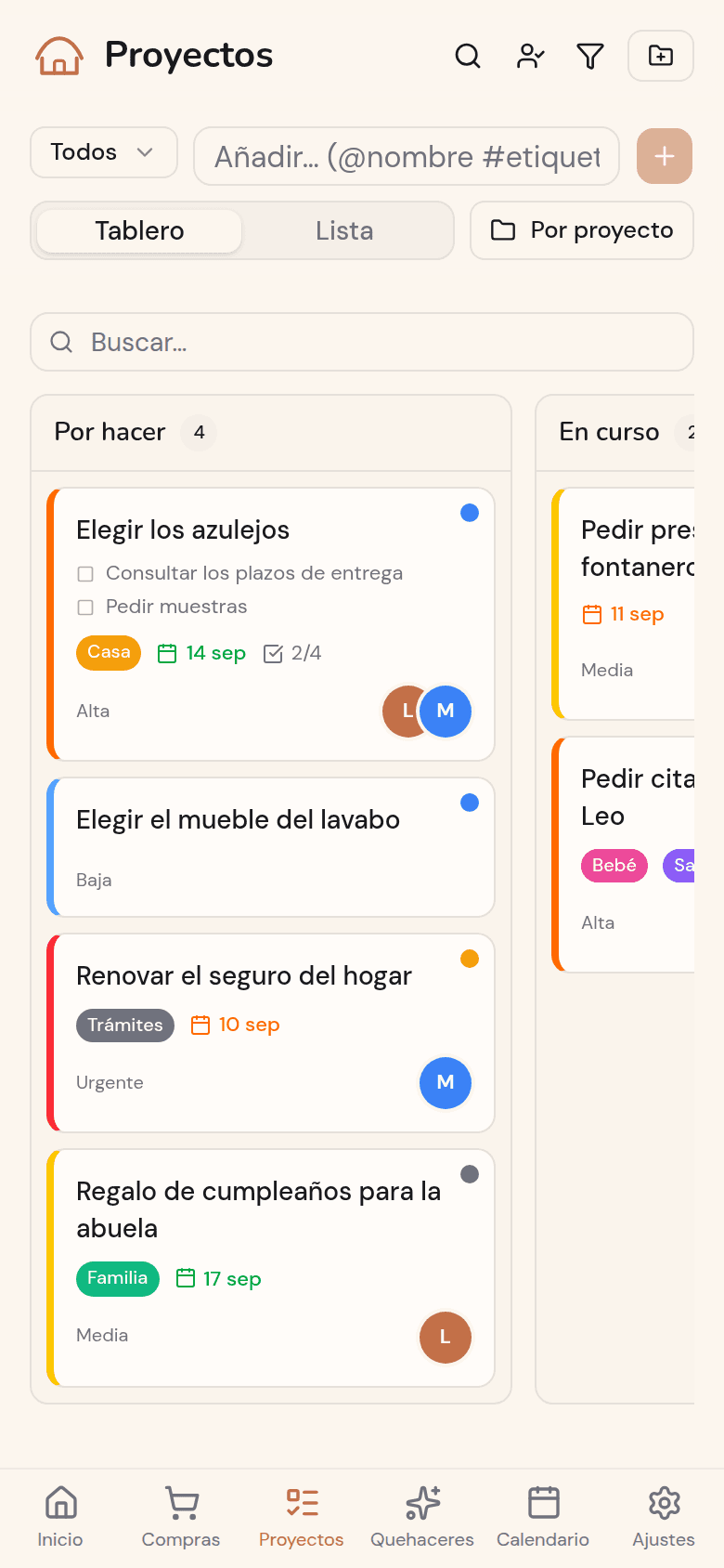 Tablero kanban de los proyectos del hogar en Kotidy