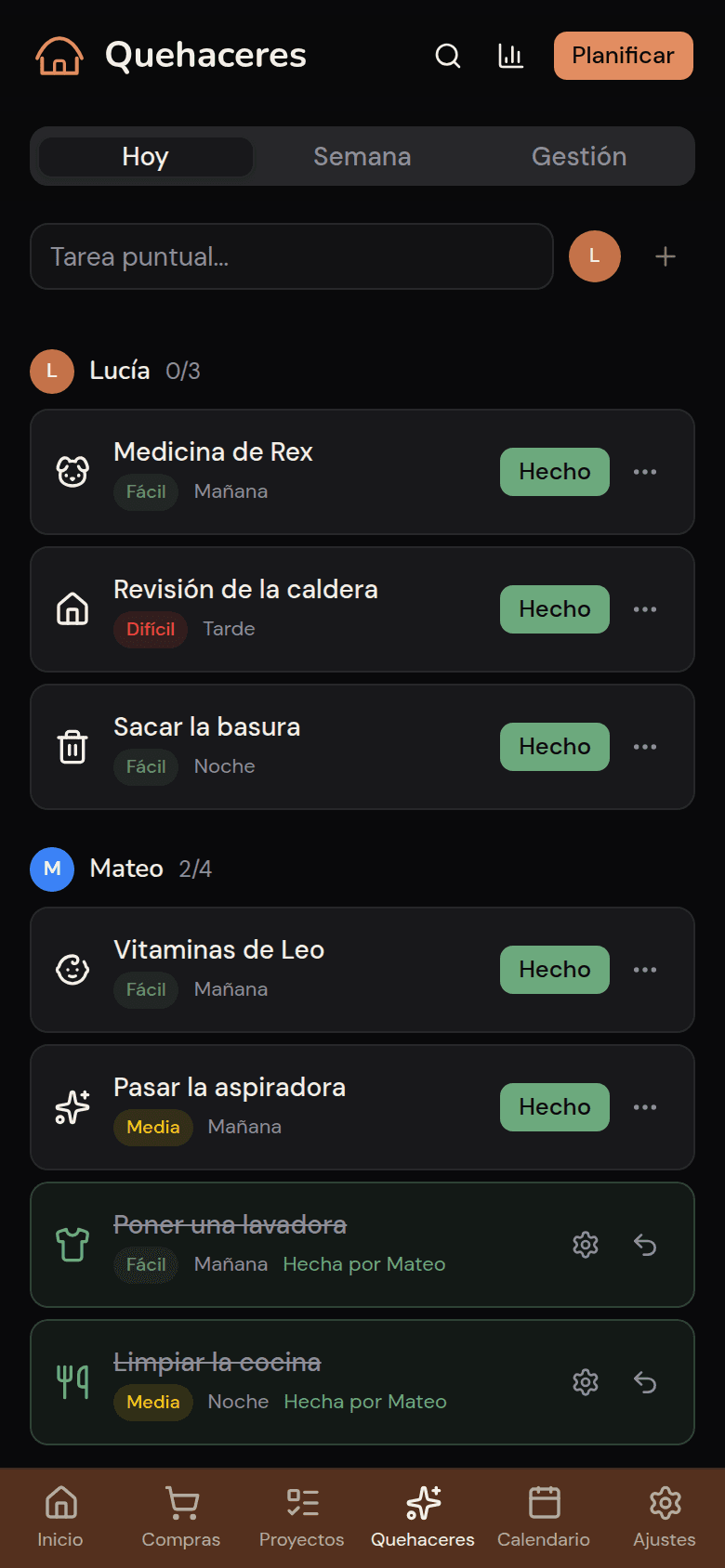 Tareas del día por miembro en Kotidy