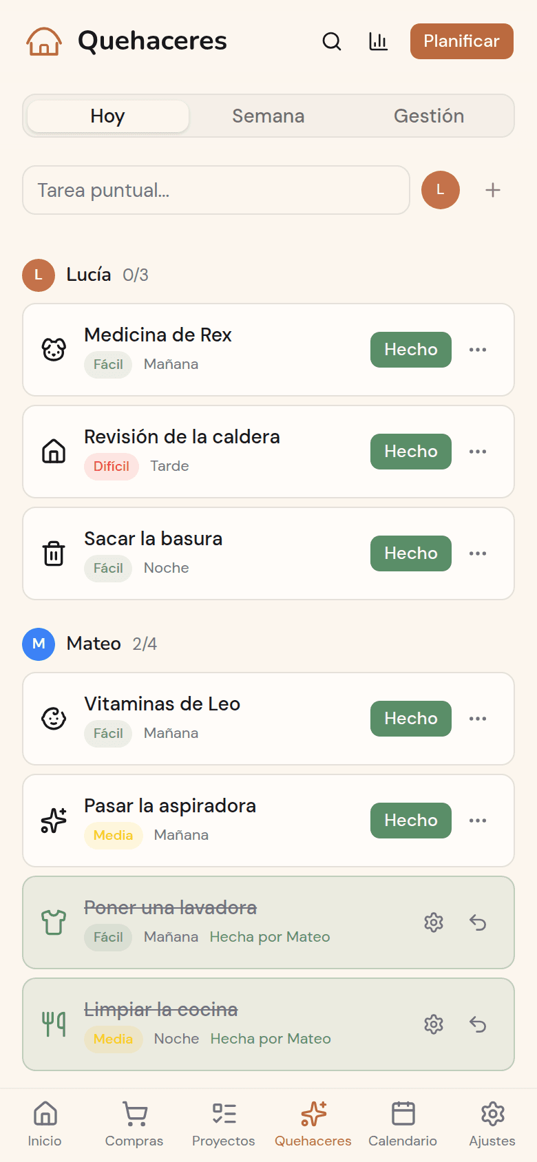 Tareas del día por miembro en Kotidy