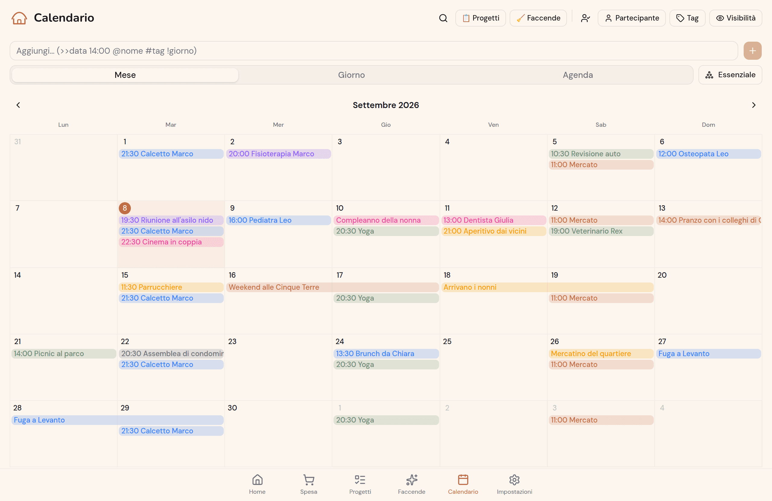 Calendario Kotidy su schermo grande, vista mese con gli eventi della casa