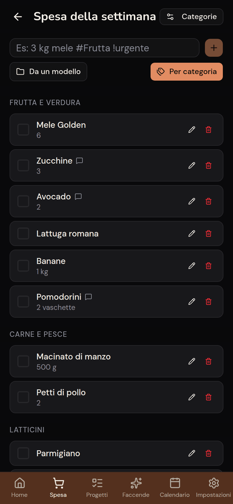 Lista della spesa condivisa Kotidy, raggruppata per reparto