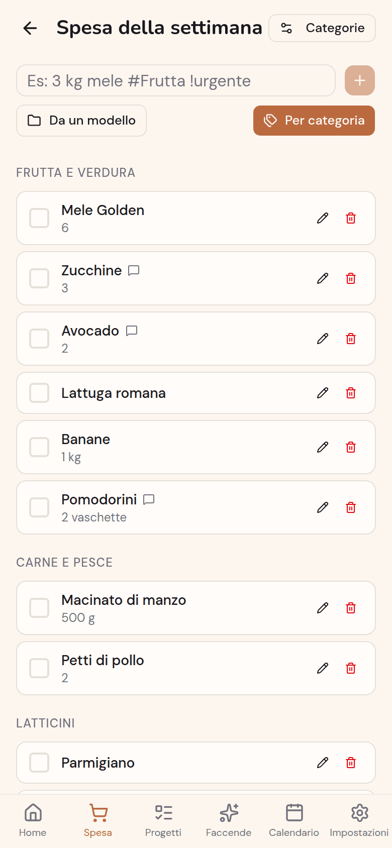 Lista della spesa condivisa Kotidy, raggruppata per reparto