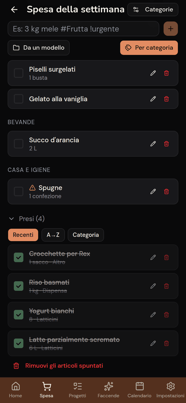 Lista della spesa Kotidy con la sezione «Presi» e gli articoli già spuntati