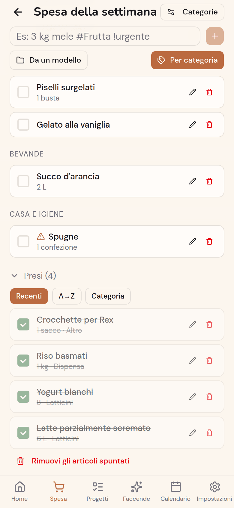 Lista della spesa Kotidy con la sezione «Presi» e gli articoli già spuntati
