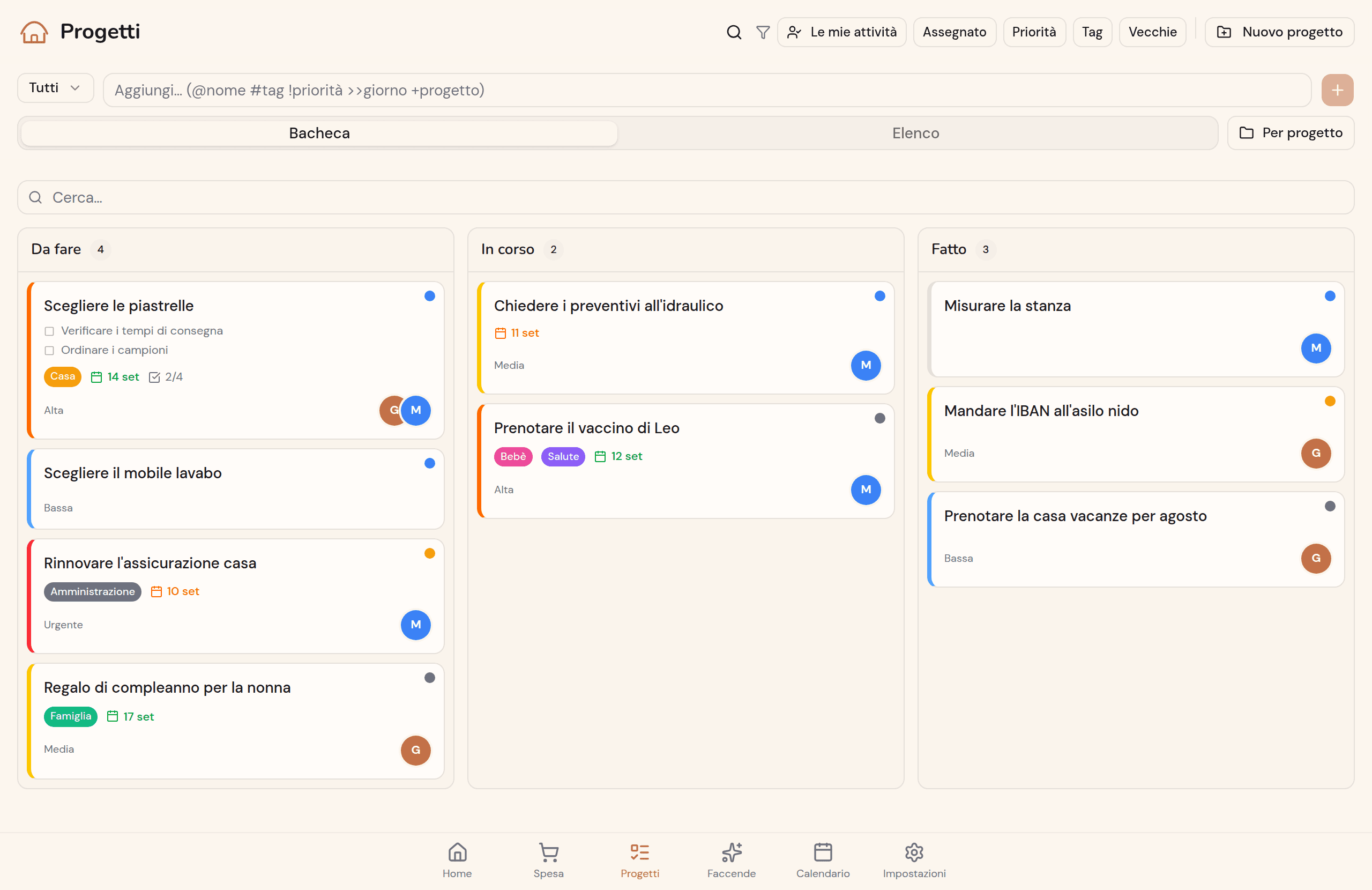 Bacheca kanban Kotidy su schermo grande: colonne Da fare, In corso, Fatto