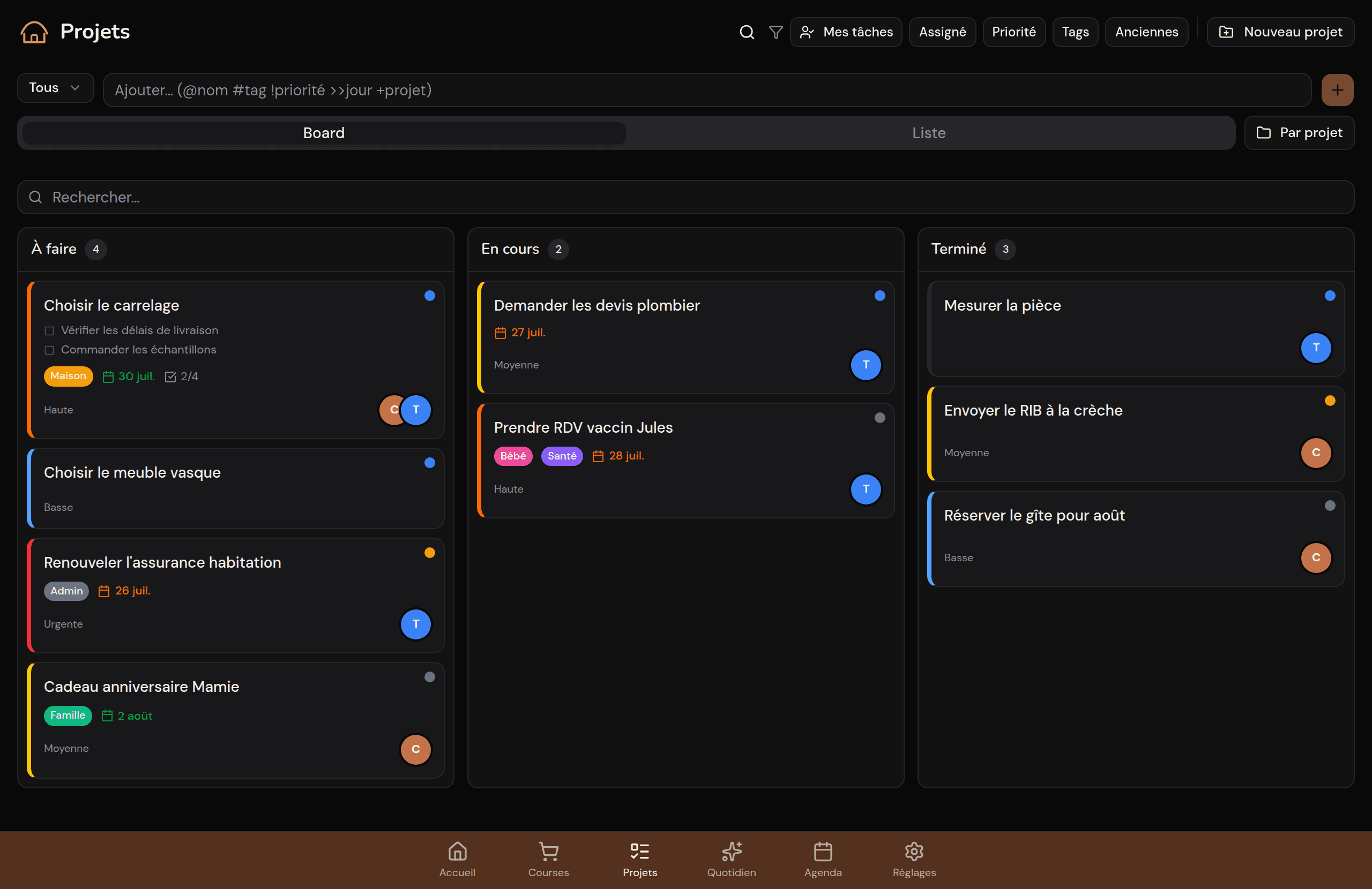 Board kanban Kotidy en grand écran : colonnes À faire, En cours, Terminé