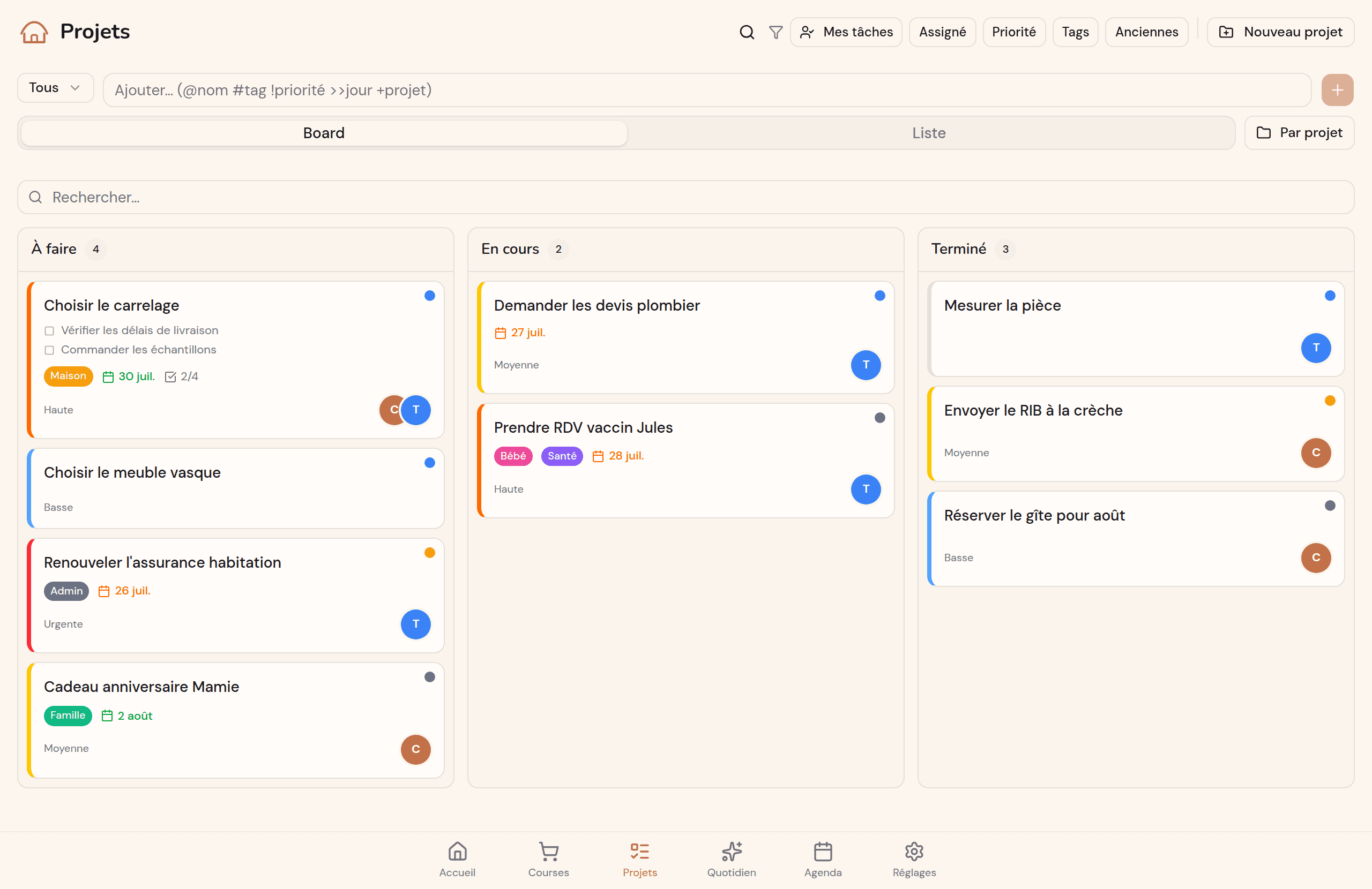 Board kanban Kotidy en grand écran : colonnes À faire, En cours, Terminé