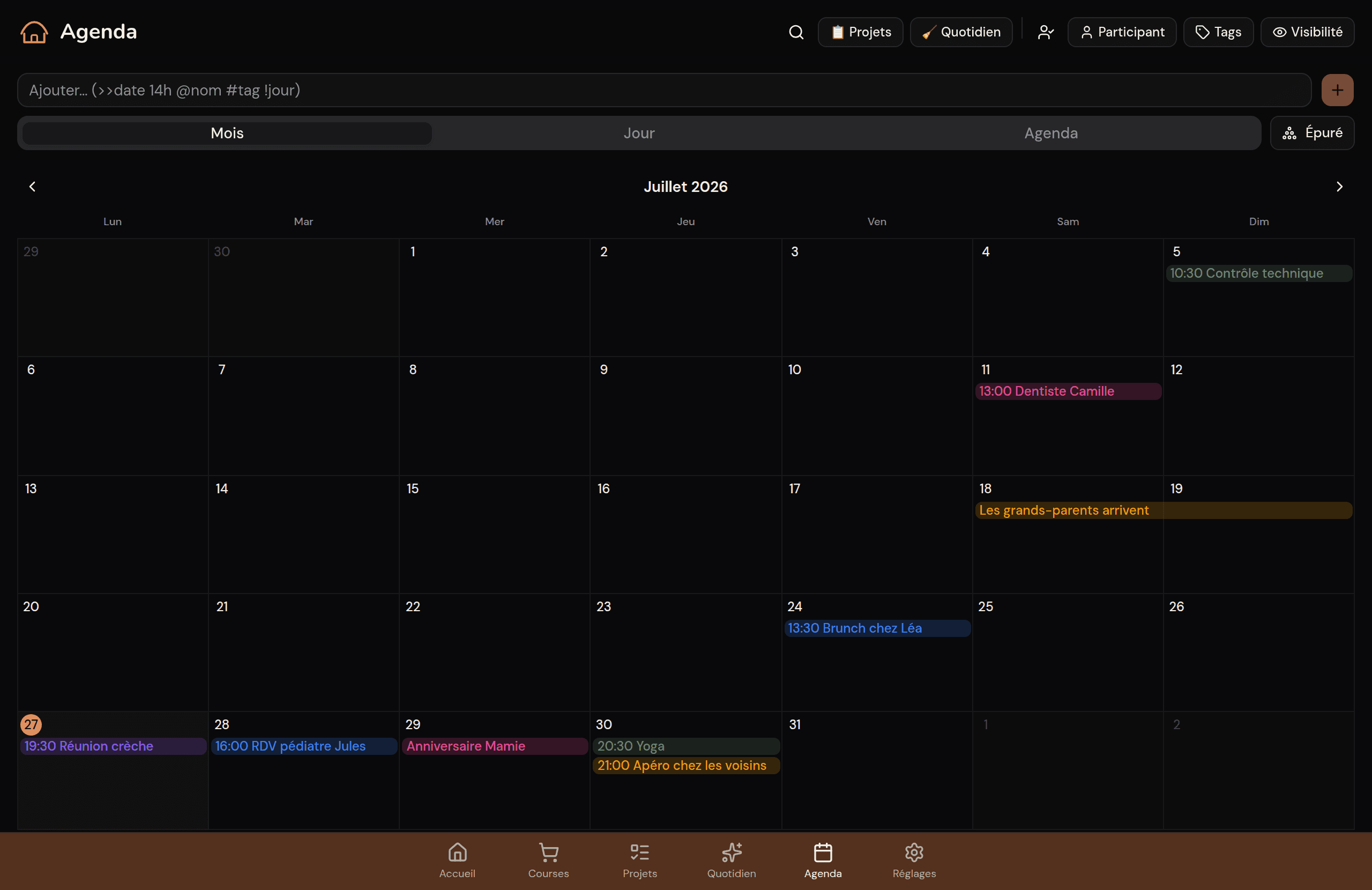 Agenda Kotidy en grand écran, vue mois avec les événements du foyer