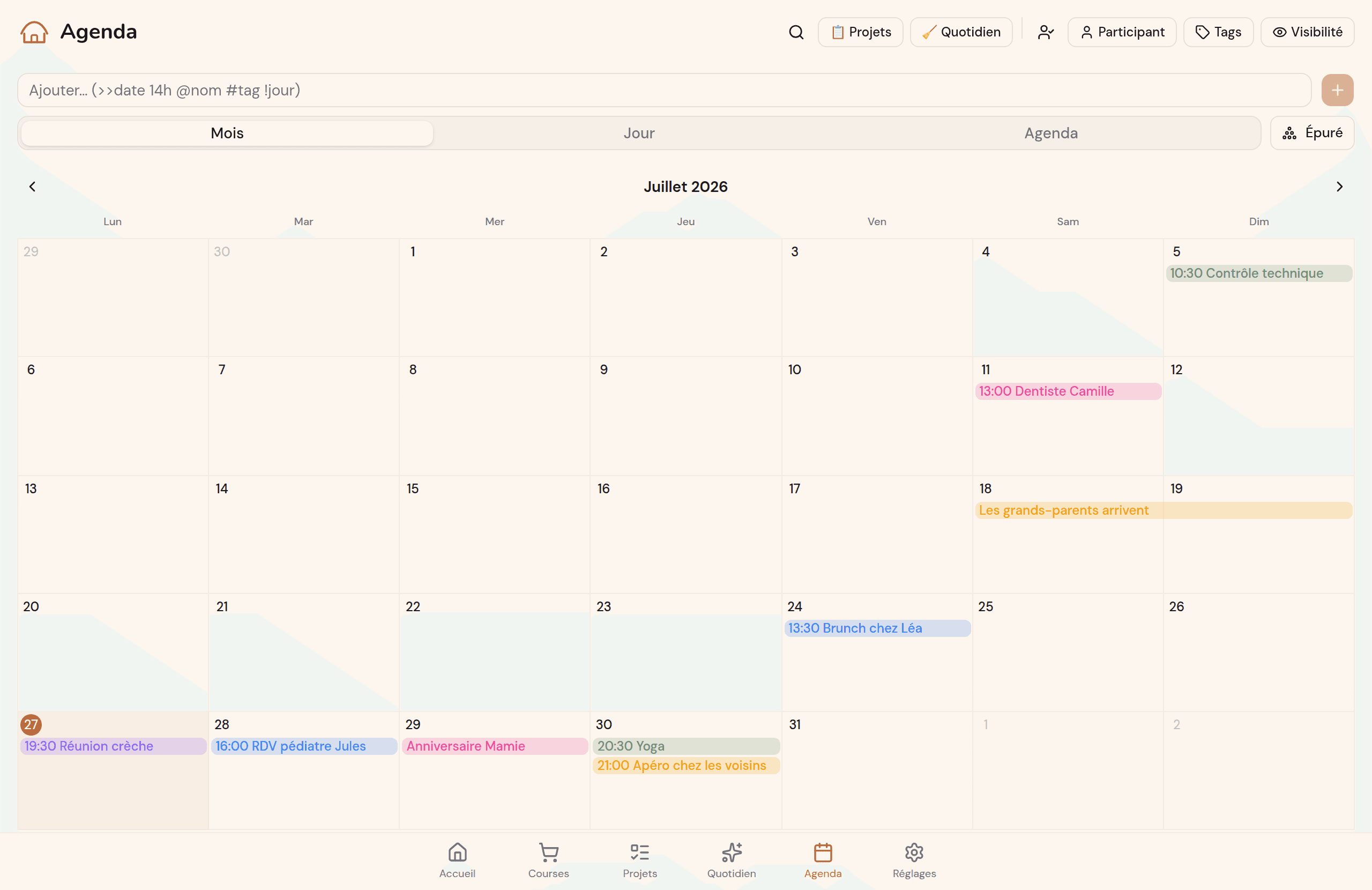 Agenda Kotidy en grand écran, vue mois avec les événements du foyer