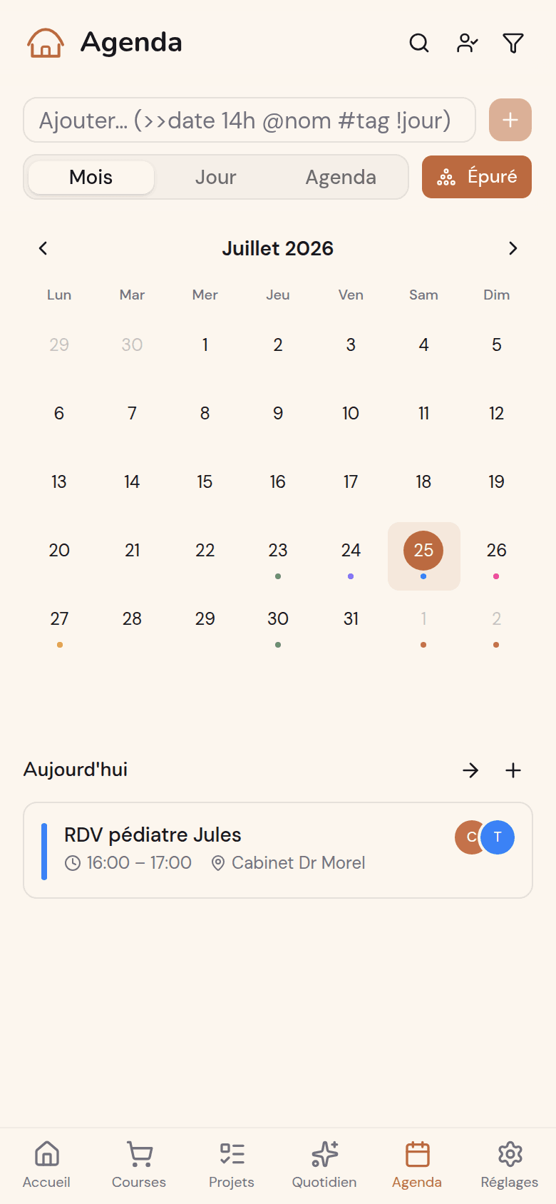 Agenda familial partagé dans Kotidy