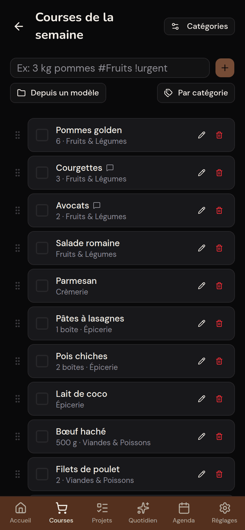 Liste de courses partagée Kotidy, groupée par rayon