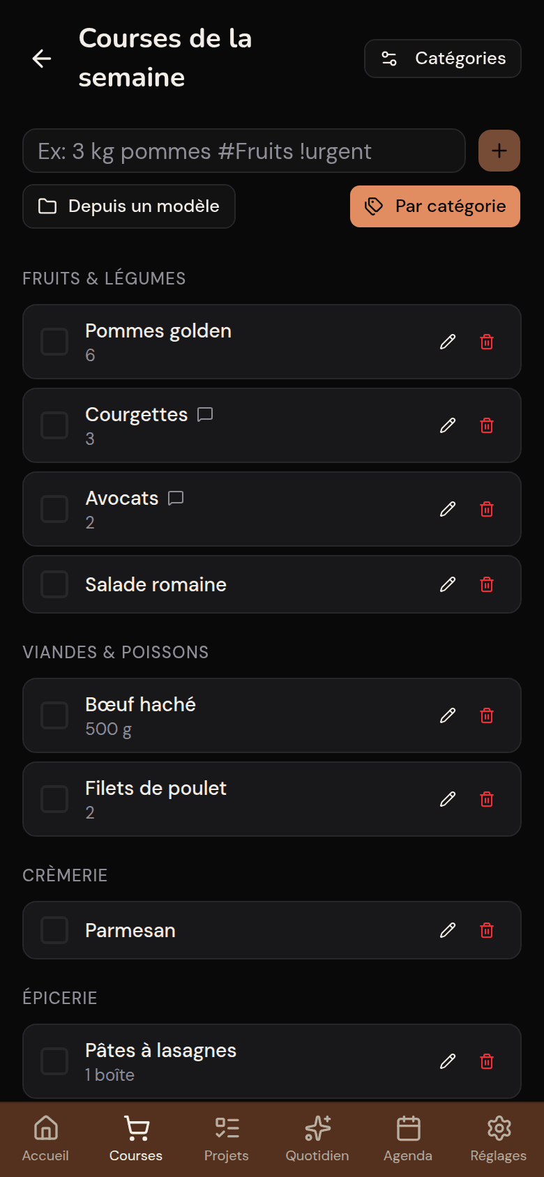 Liste de courses générée depuis les menus dans Kotidy