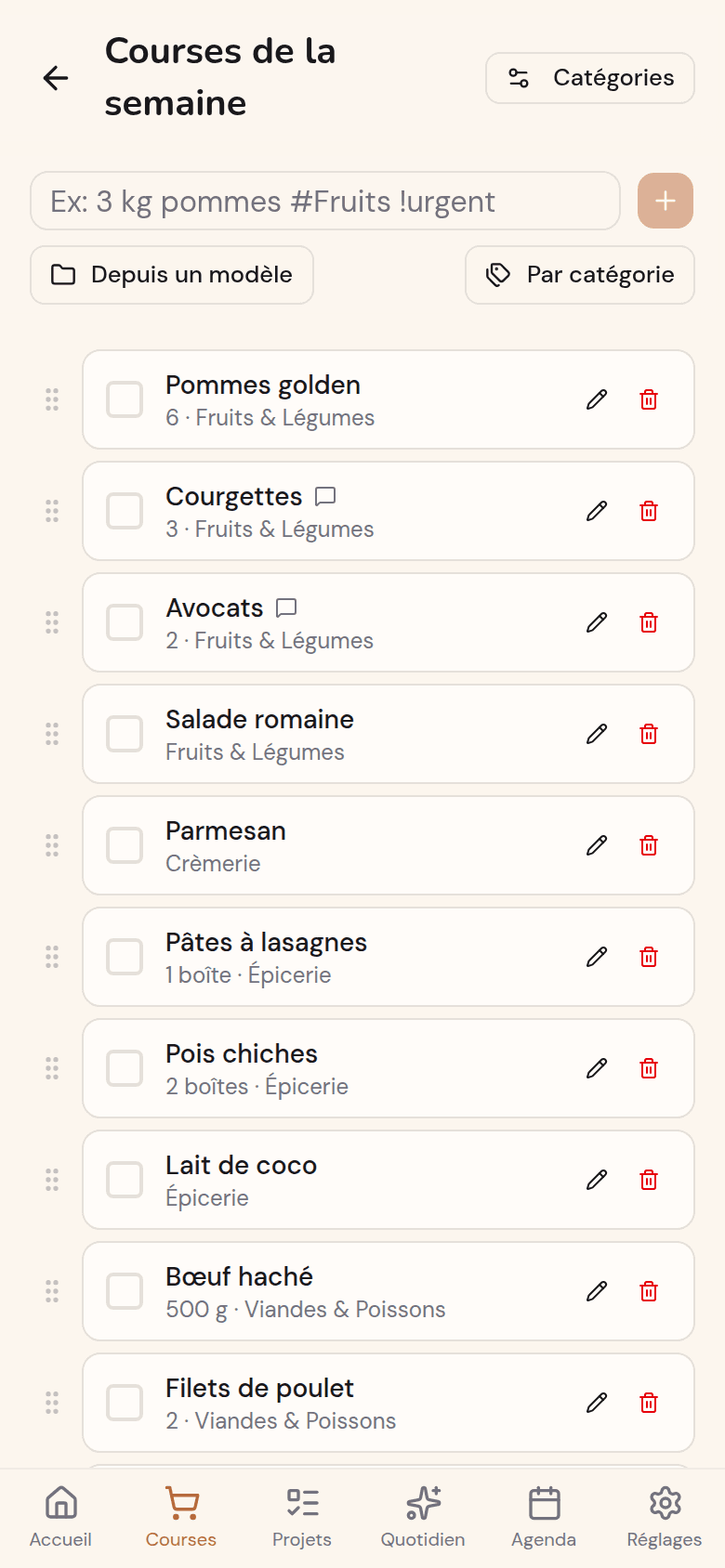 Liste de courses partagée Kotidy, groupée par rayon