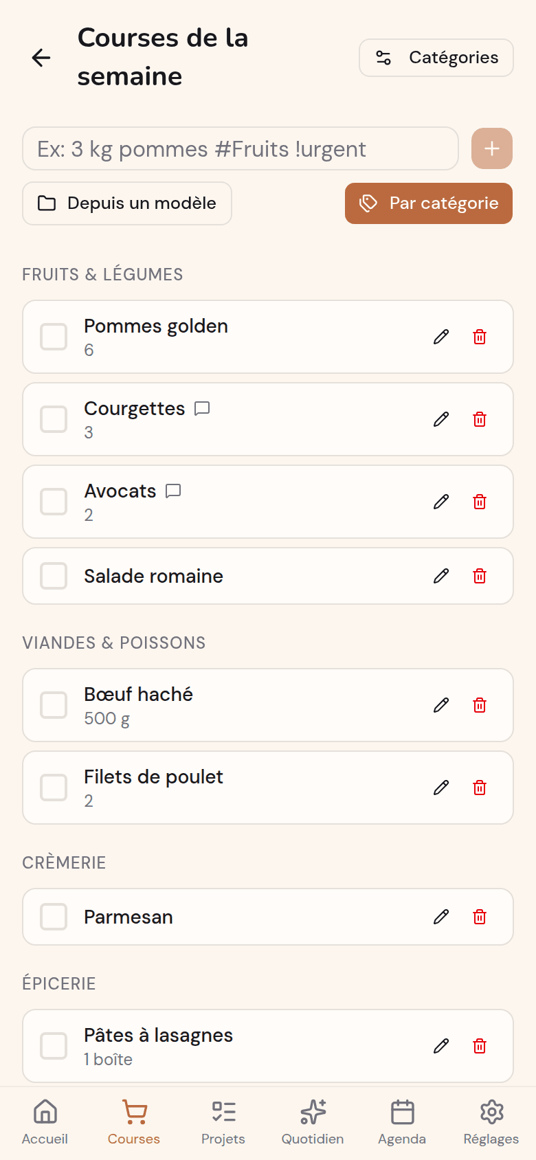 Liste de courses générée depuis les menus dans Kotidy