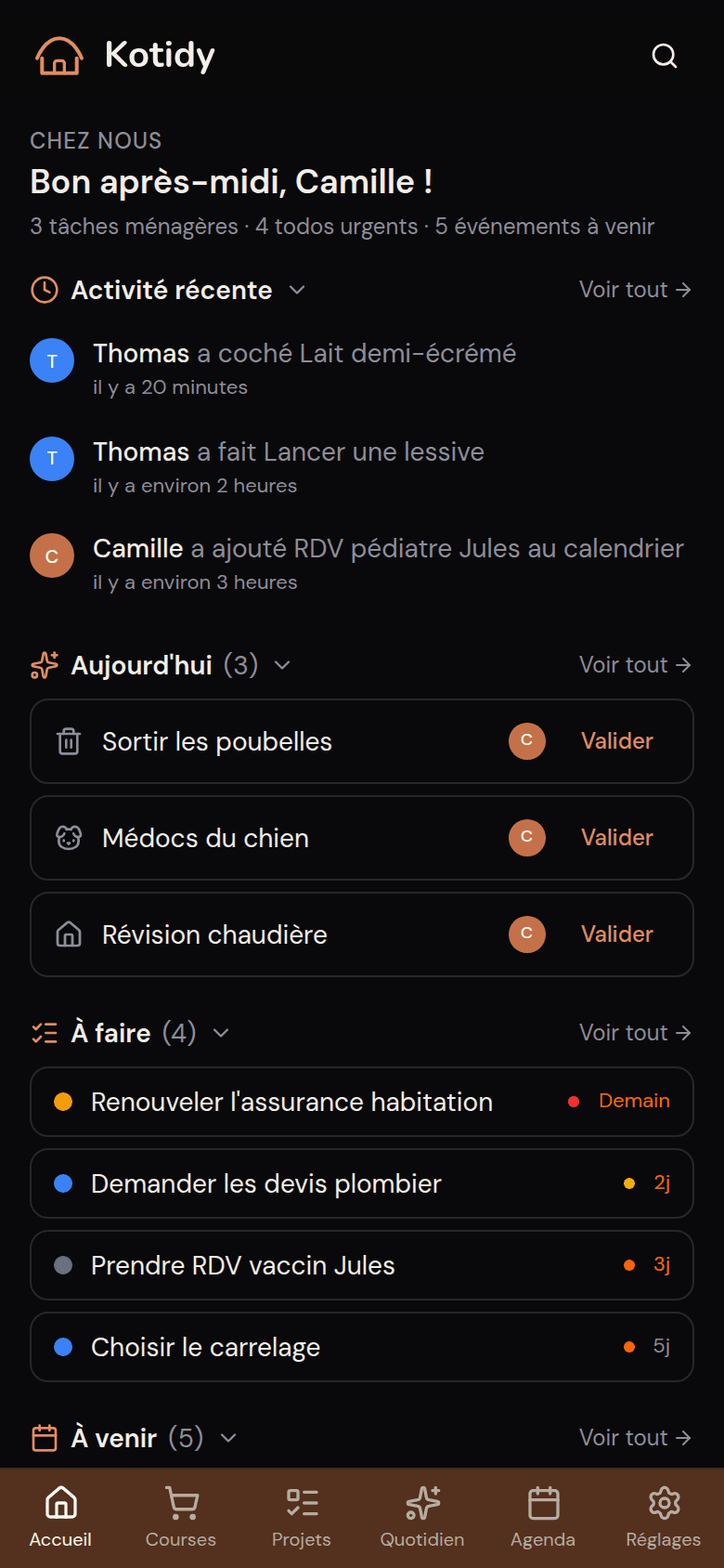 Accueil Kotidy : tâches du jour et activité du foyer