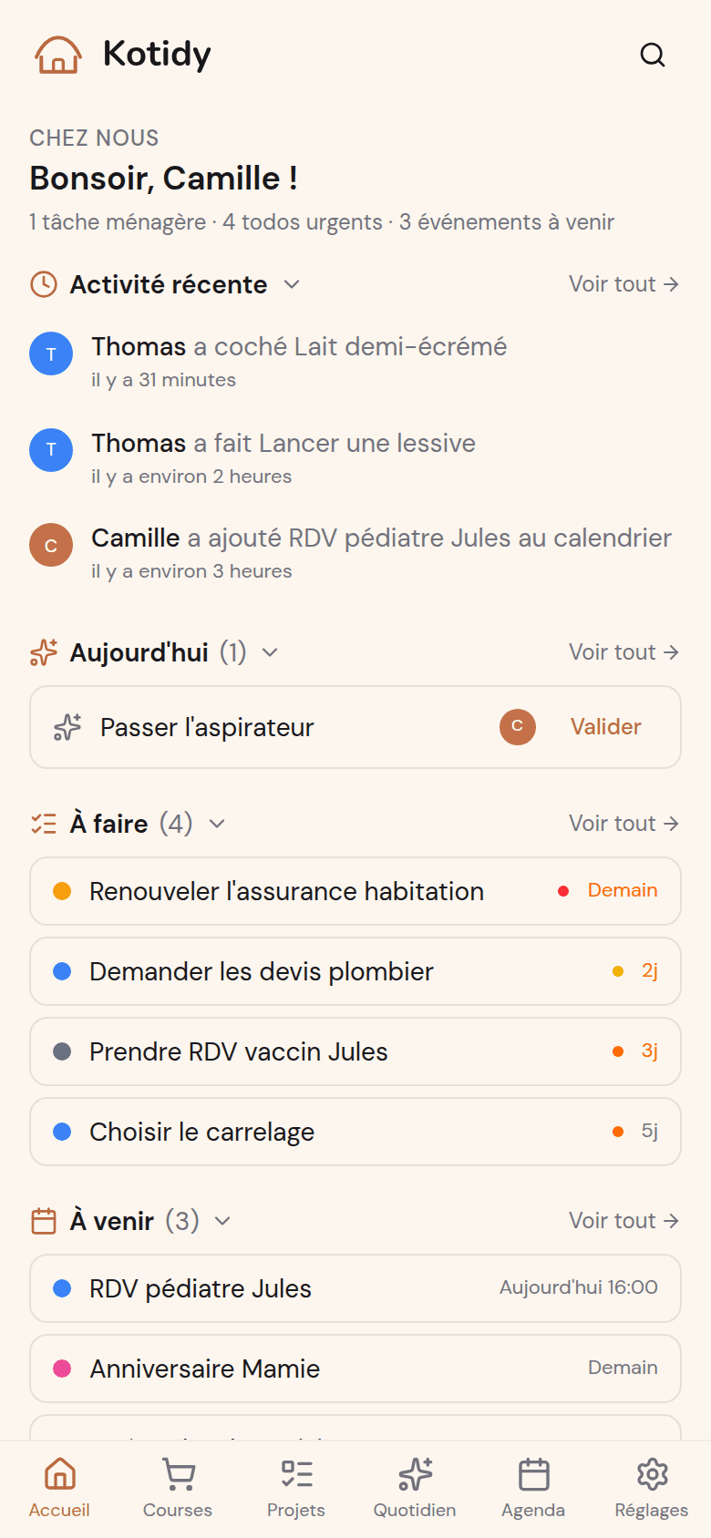 Accueil Kotidy avec l'activité récente du foyer