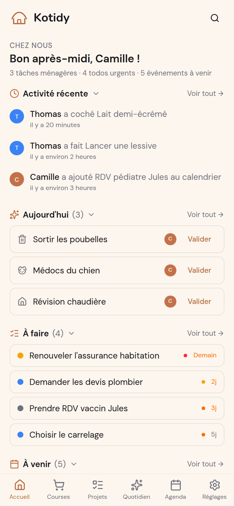 Accueil Kotidy : tâches du jour et activité du foyer