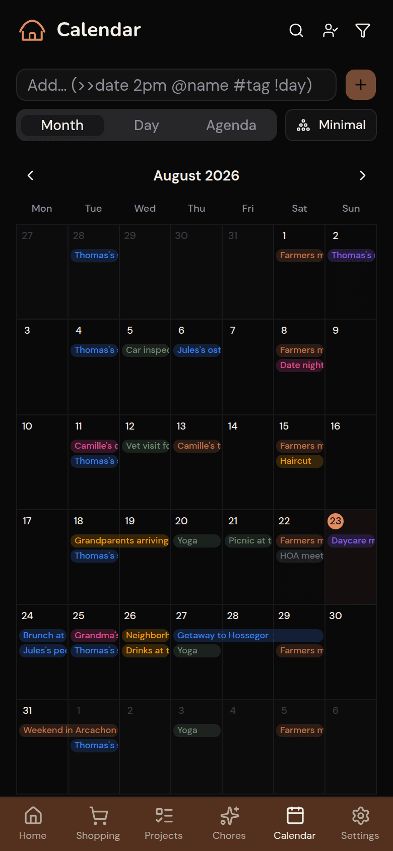 Shared Kotidy family calendar, month view
