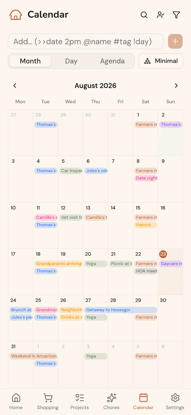 Shared Kotidy family calendar, month view