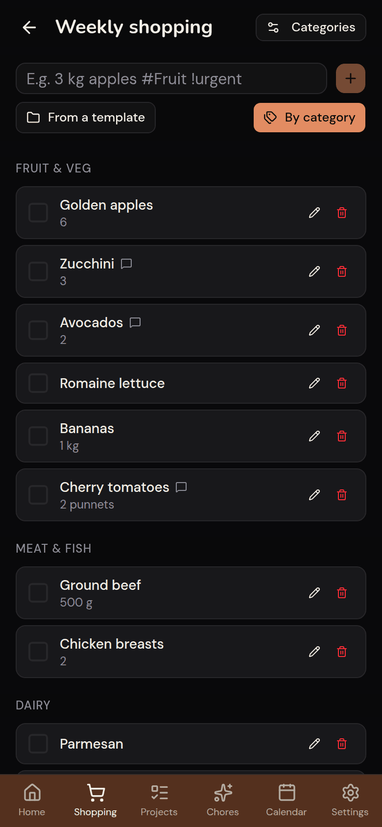 Shared Kotidy shopping list, grouped by aisle
