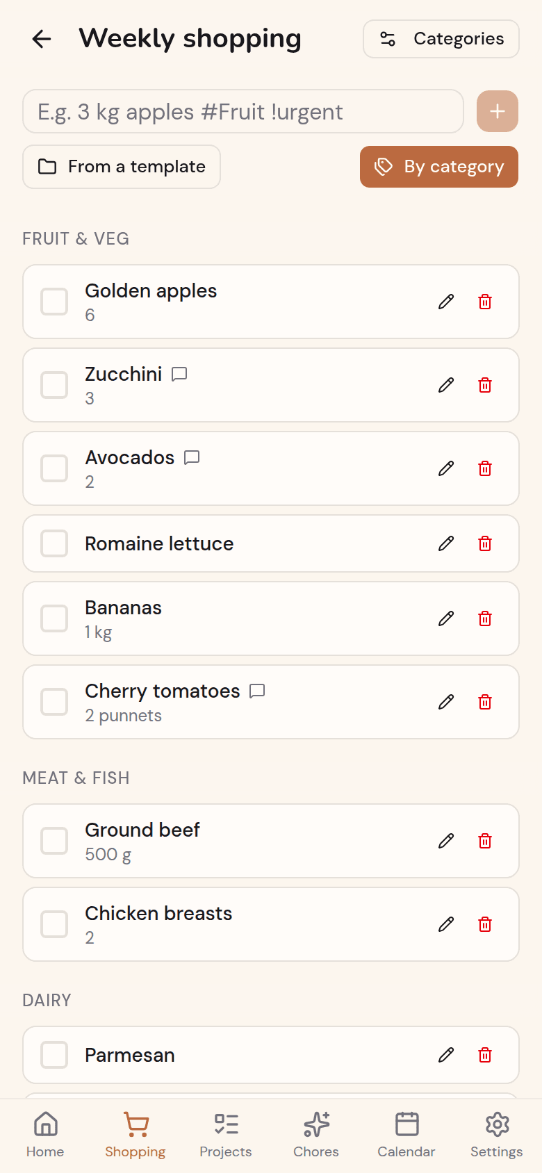 Shared Kotidy shopping list, grouped by aisle