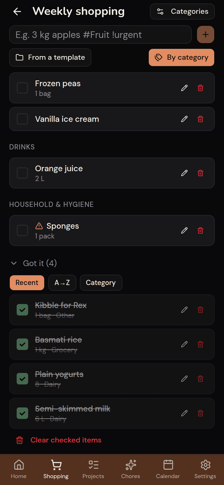Kotidy shopping list with the "Got it" section and the items already ticked