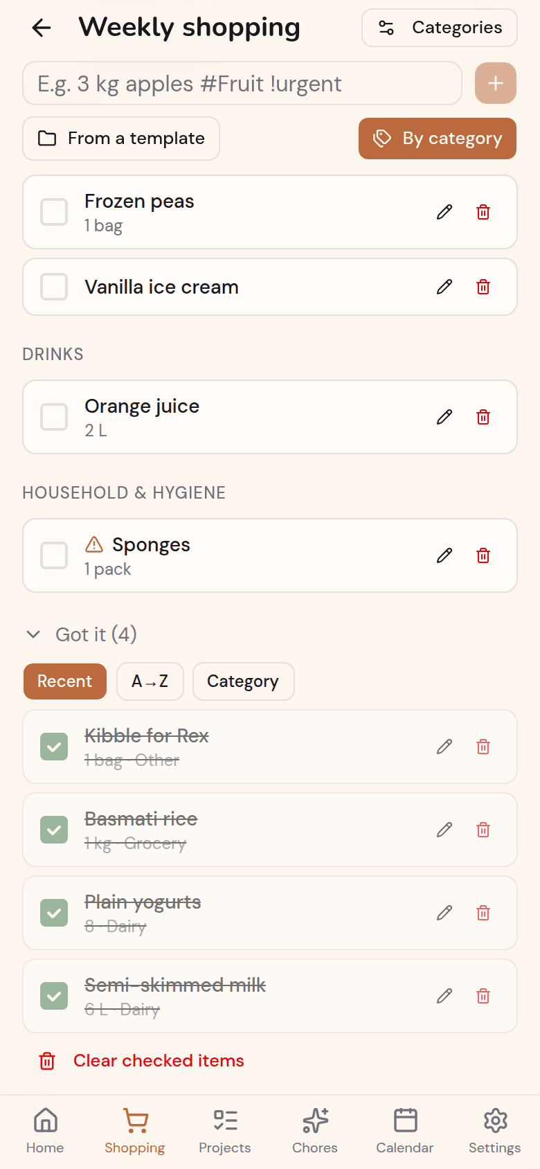 Kotidy shopping list with the "Got it" section and the items already ticked