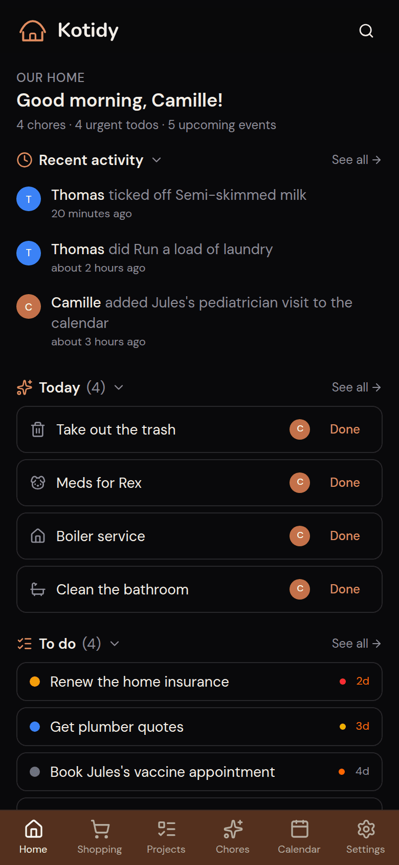 Kotidy home screen: the household's day at a glance