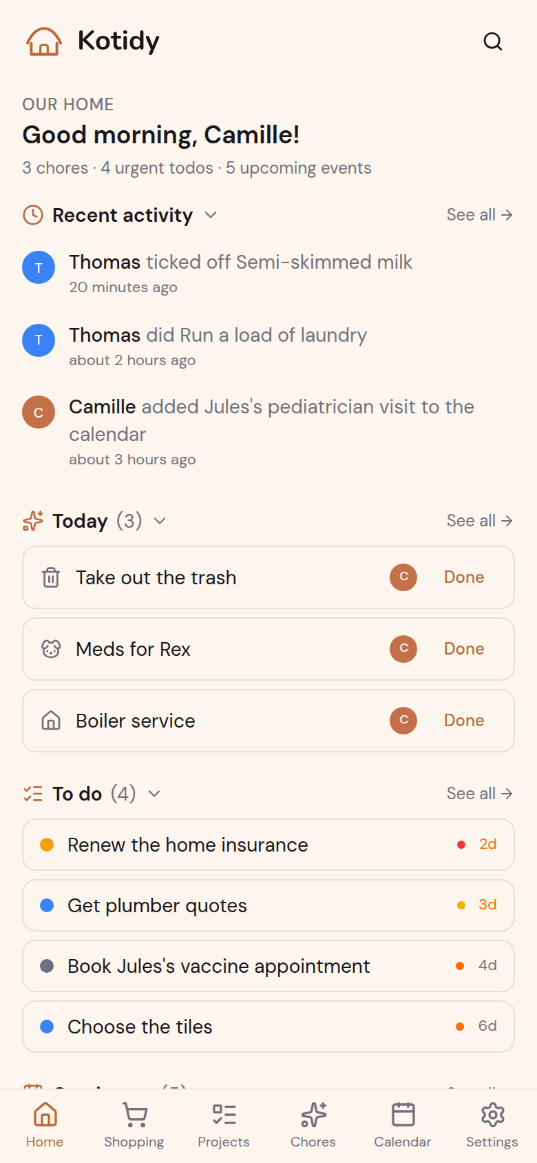 Kotidy home screen: the household's day at a glance