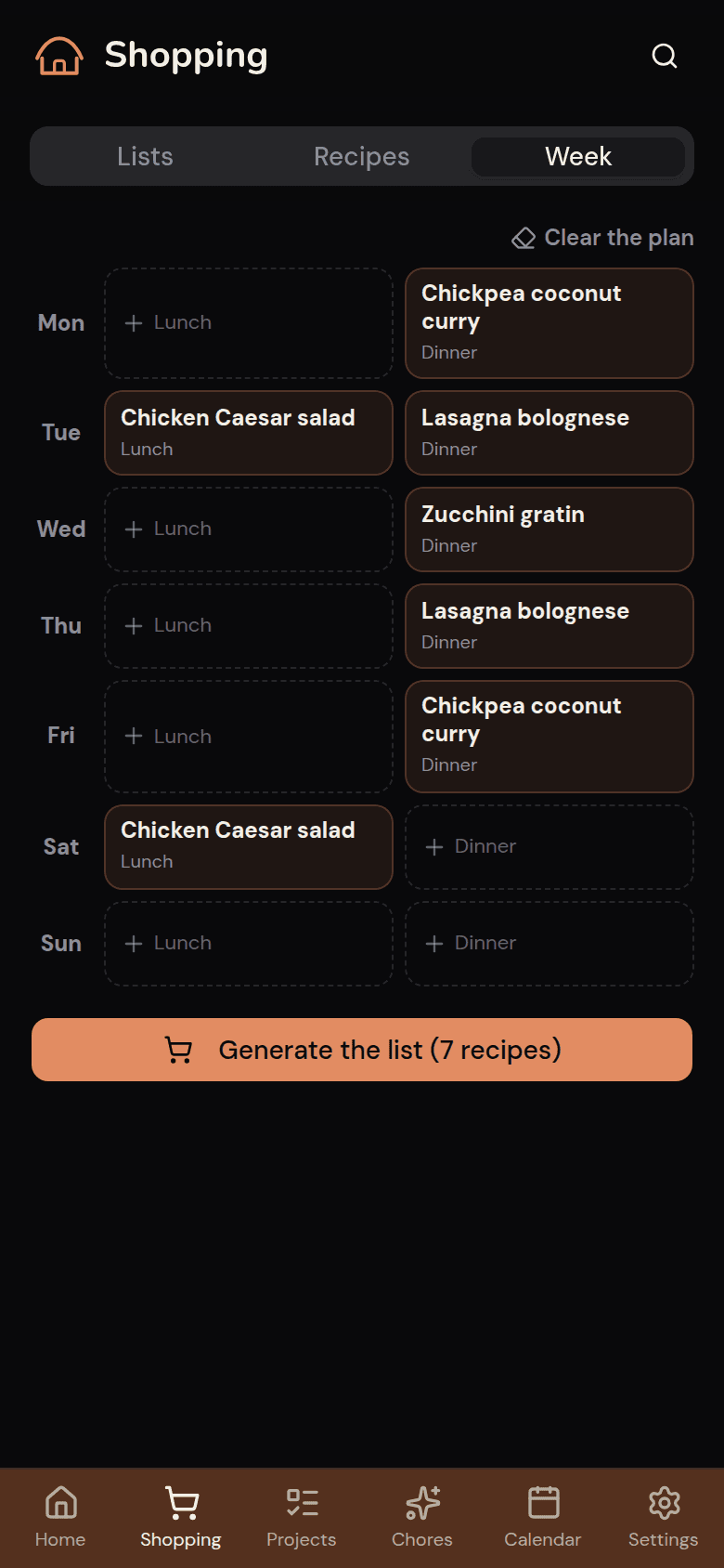 The week's meal plan in Kotidy