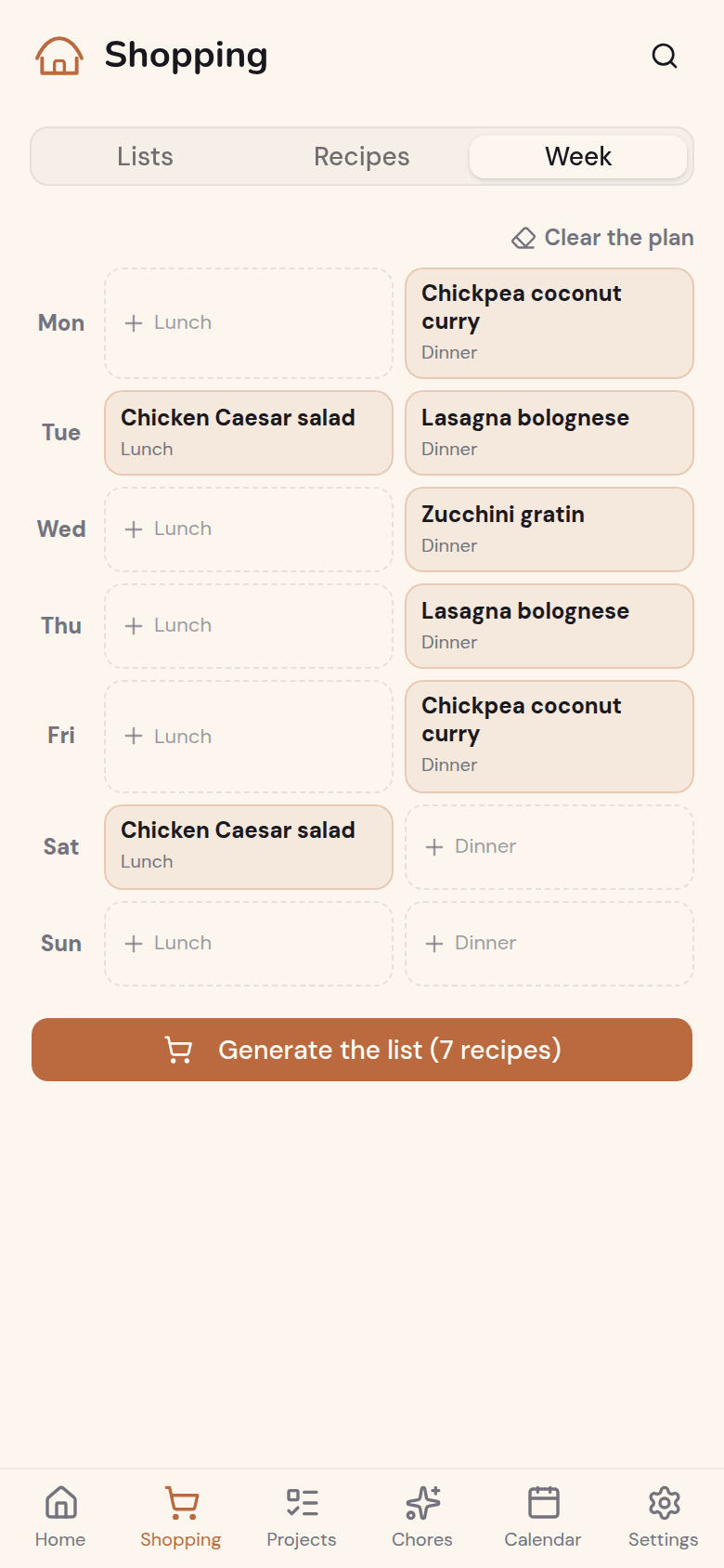 The week's meal plan in Kotidy
