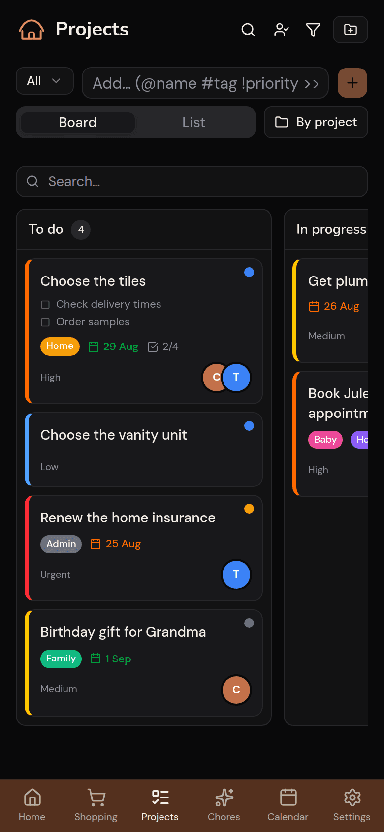 Kanban board of the household's projects in Kotidy