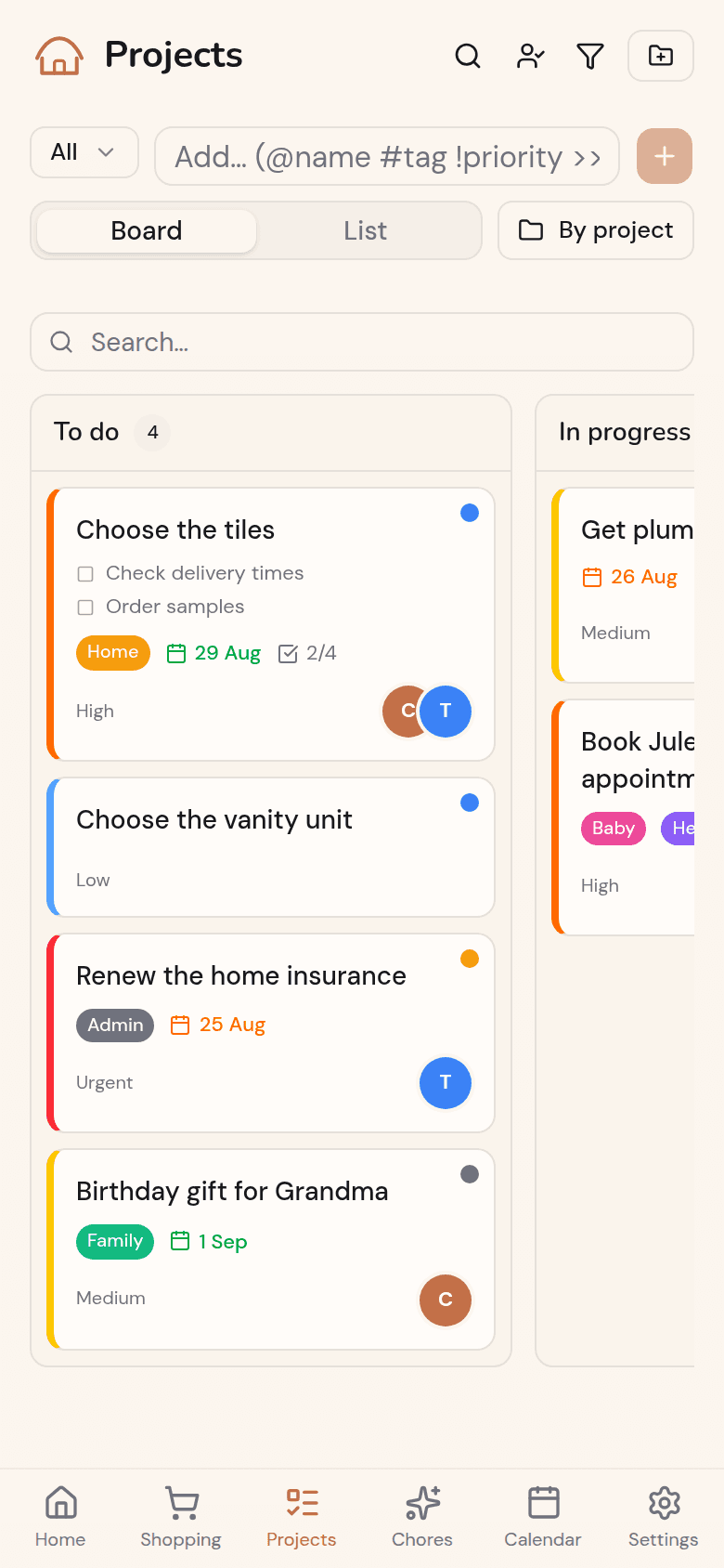 Kanban board of the household's projects in Kotidy