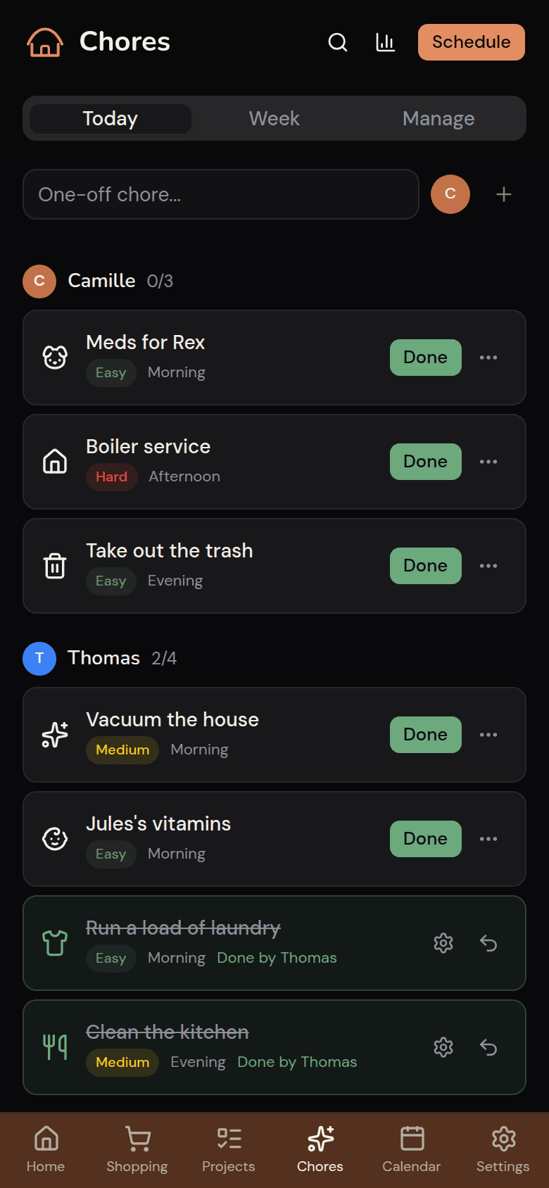Today's chores by member in Kotidy