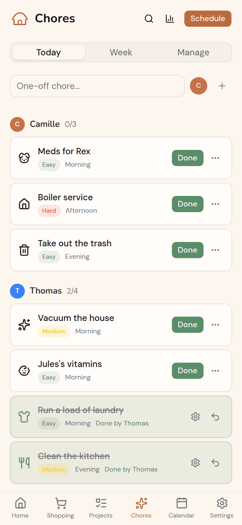 Today's chores by member in Kotidy