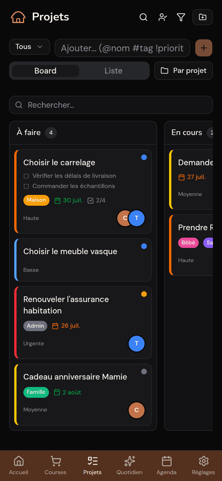 Projets de la famille en kanban dans Kotidy