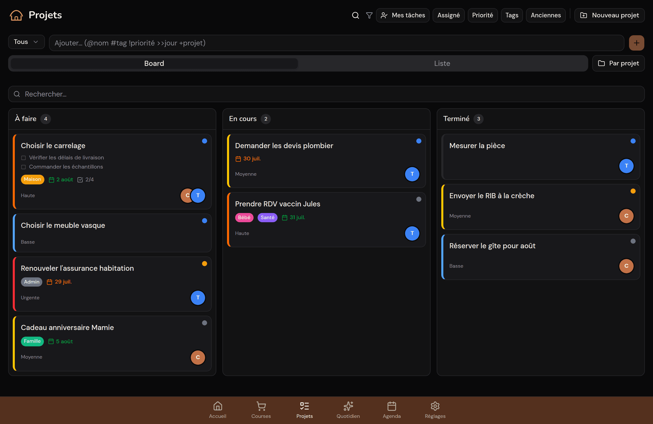 Board kanban Kotidy en grand écran : colonnes À faire, En cours, Terminé
