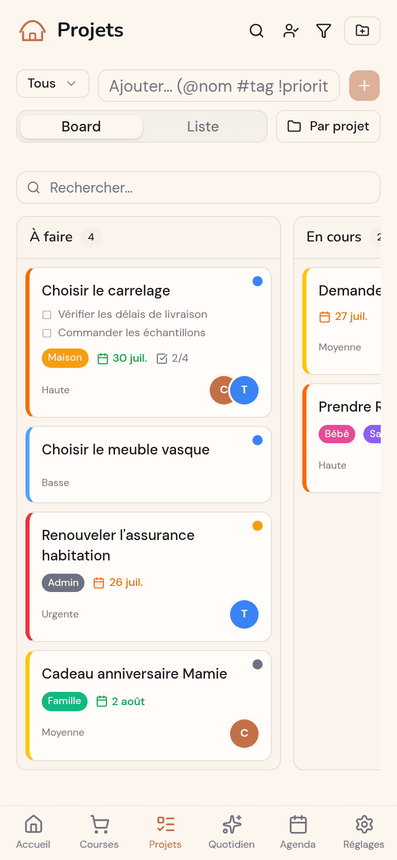 Projets de la famille en kanban dans Kotidy